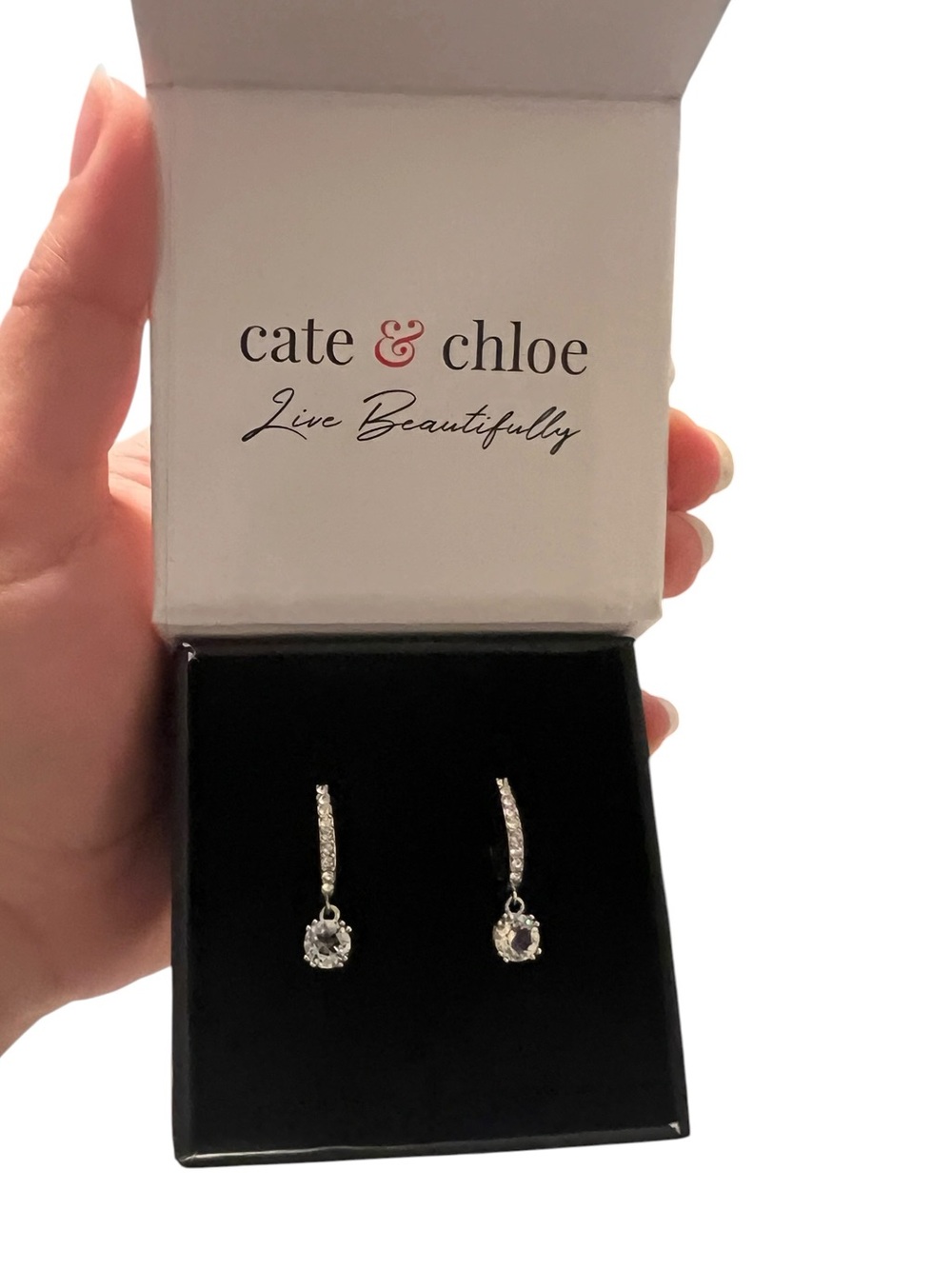 NIB Cate & Chloe McKenzie 18k White Gold Plated Drop Earrings - Picture 1 of 3
